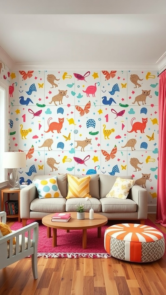 A colorful living room with whimsical animal-themed wallpaper, cozy furniture, and playful decor.