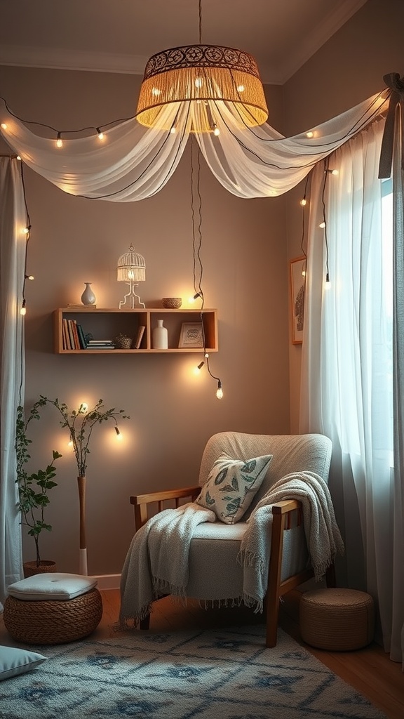 A cozy bedroom nook with a white fabric canopy and string lights, featuring a comfortable chair and decorative elements.