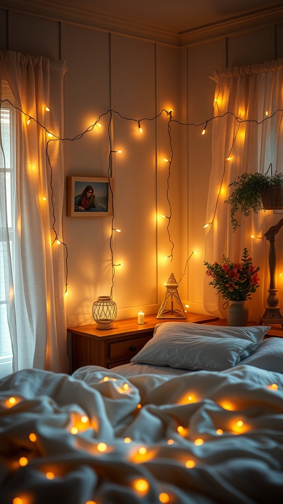 A cozy bedroom with fairy lights draped on the walls, soft bedding, and decorative elements like plants and candles.