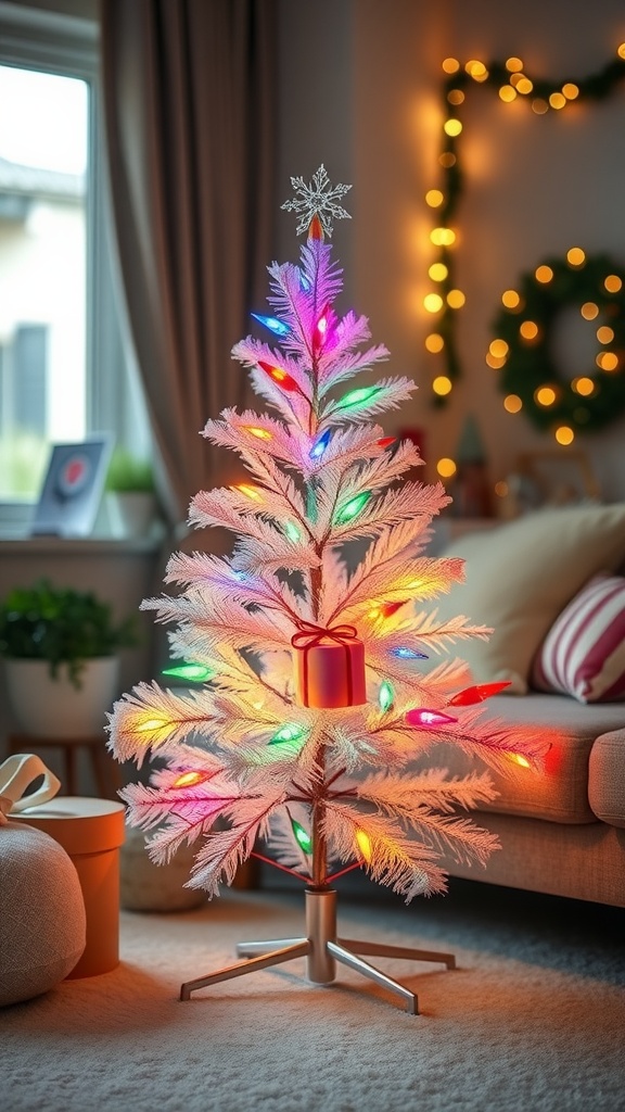 A mini white Christmas tree decorated with colorful fairy lights, sitting in a cozy living room with warm decor.