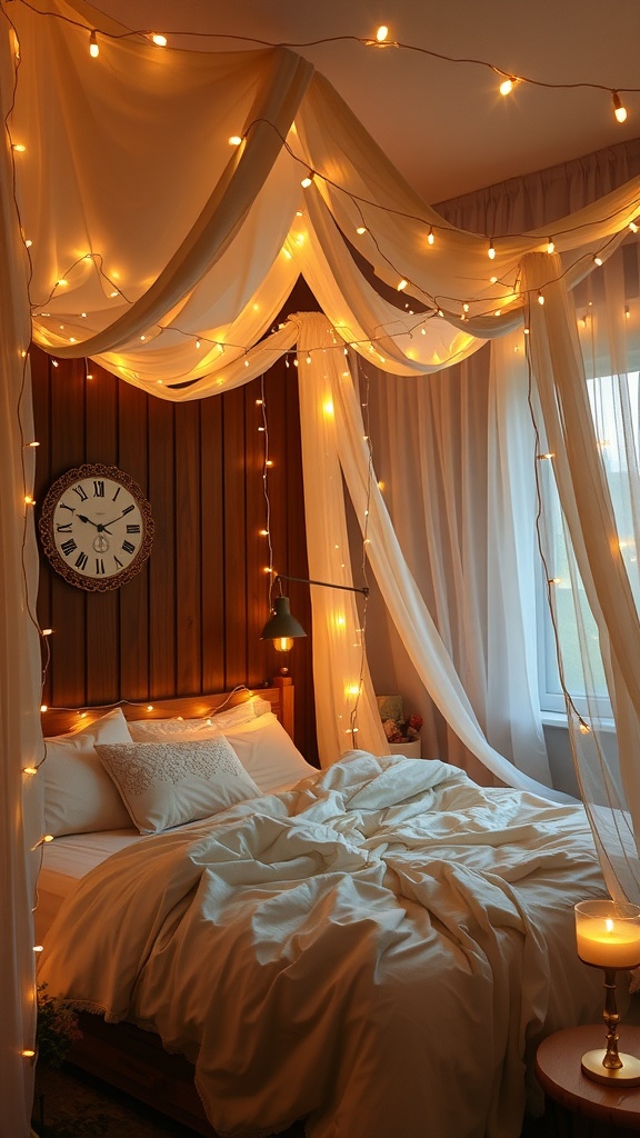 A cozy bedroom featuring a fairy lights canopy with draped fabric and soft bedding.