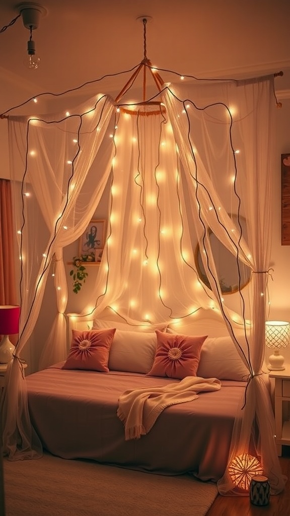 A cozy bedroom with a fairy lights canopy, featuring soft pillows and warm lighting.