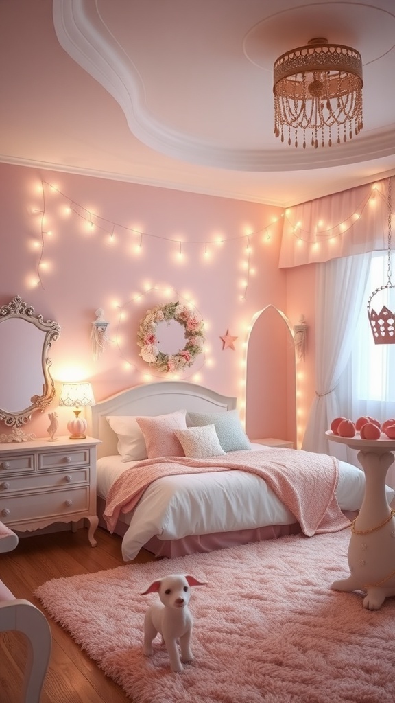 A cozy princess-themed bedroom with pink walls, fairy lights, a plush rug, and charming decor.