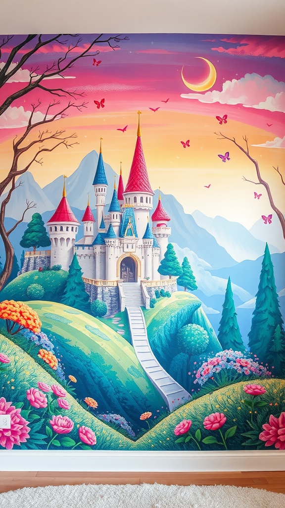 A colorful mural of a fairy tale castle surrounded by flowers and mountains