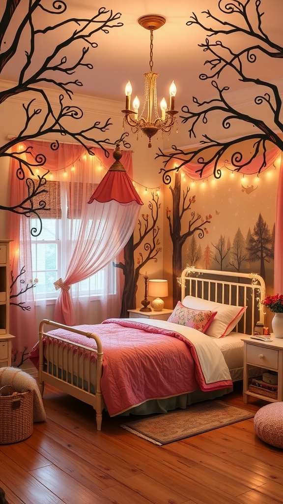 A whimsical fairy tale themed bedroom with tree designs, pink decor, and cozy lighting.