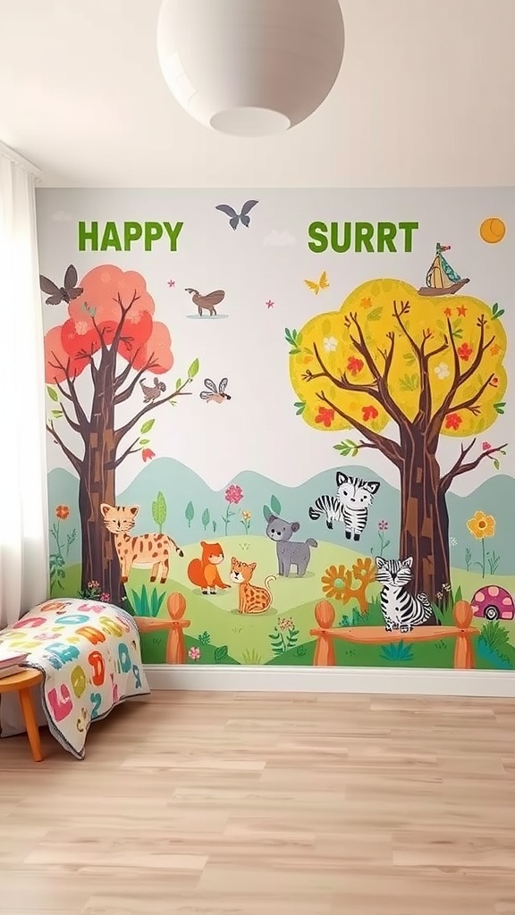 A colorful whimsical forest mural with trees and playful animals in a child's bedroom