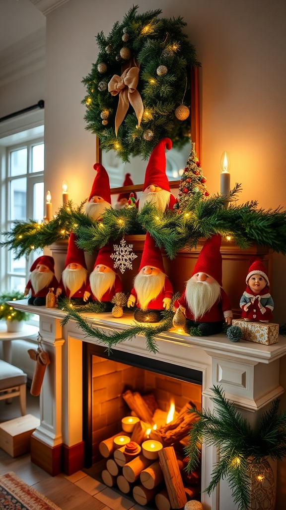 A festive Christmas mantel decorated with gnome figurines, greenery, fairy lights, and a wreath.