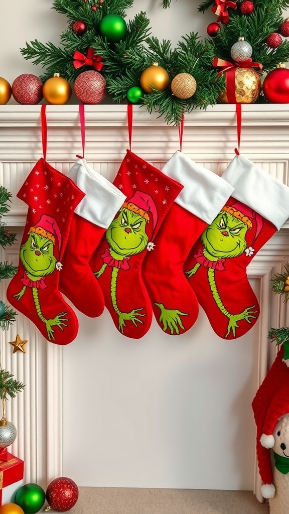 Four red stockings with Grinch designs hanging on a festive mantel decorated with ornaments and greenery.