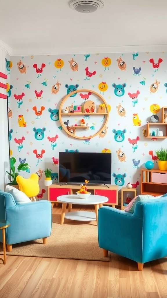 A colorful kids room featuring whimsical animal wallpaper, cozy blue chairs, and playful decor.