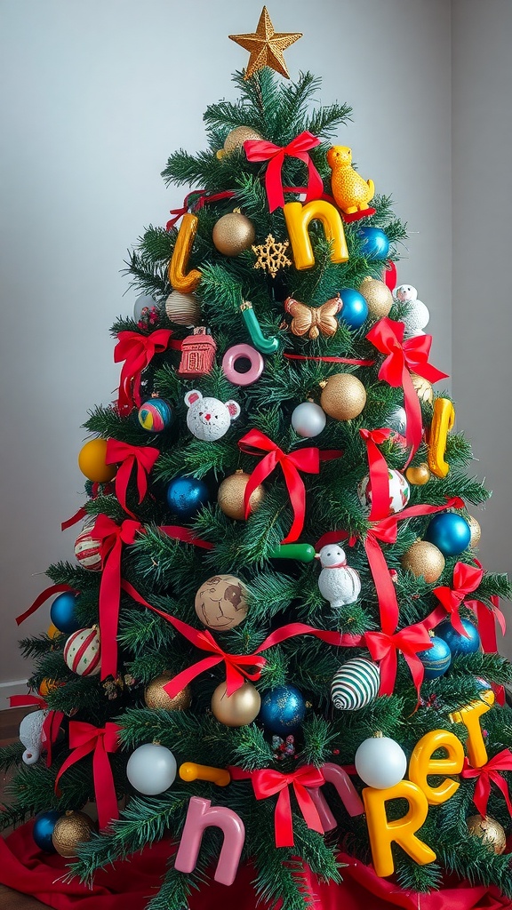 A Christmas tree decorated with playful multi-colored ribbons and various ornaments.