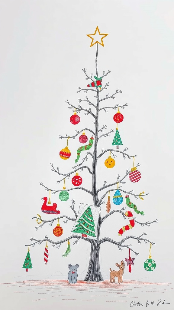 A whimsical pencil-drawn Christmas tree decorated with colorful ornaments and a star on top, featuring playful animals at the base.