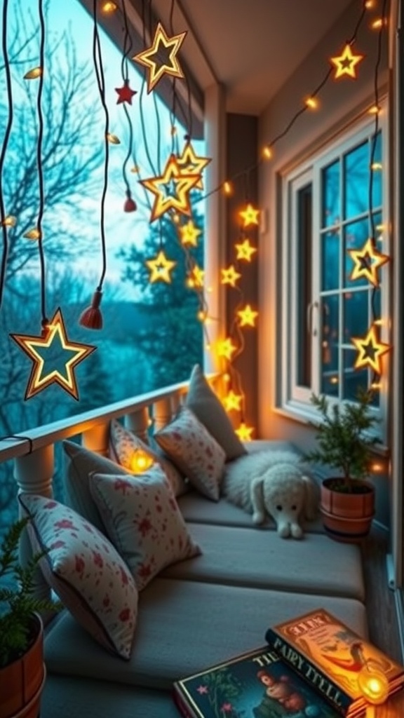 Cozy balcony decorated with star-shaped lights and cushions, creating a whimsical atmosphere.