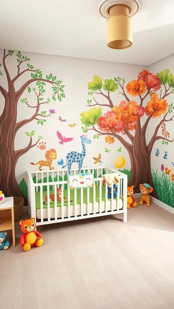 A colorful nursery featuring whimsical wall murals of trees and animals.