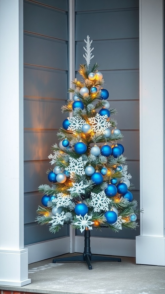 A decorated white and blue Christmas tree with ornaments and snowflakes