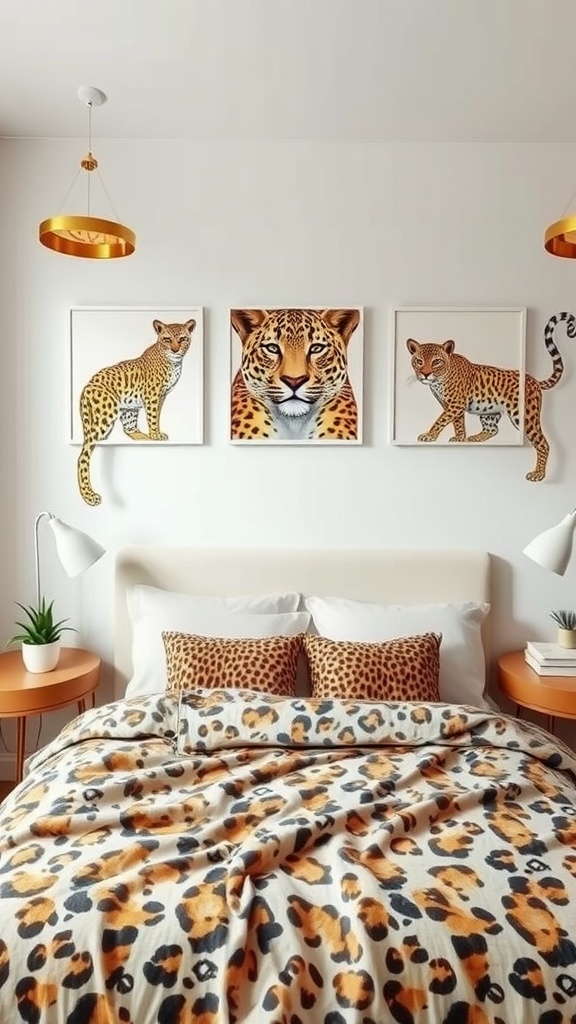 A bedroom featuring leopard-themed wall art and bedding.