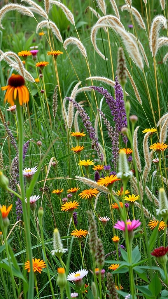 A vibrant wildflower meadow with various flowers and tall grasses.