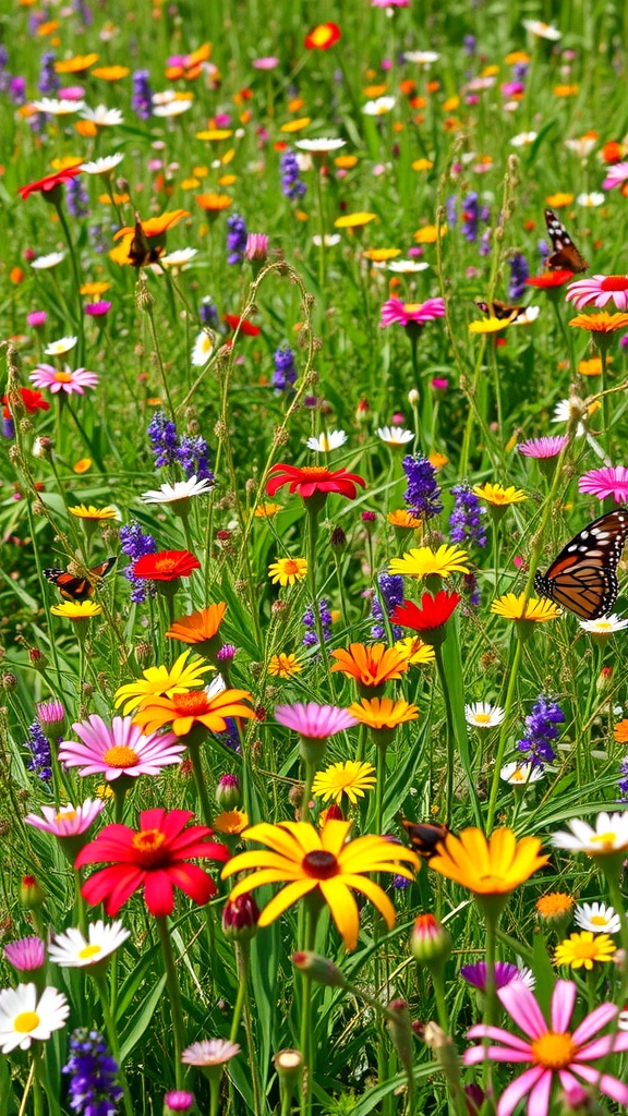 A vibrant wildflower meadow filled with various colorful flowers and butterflies.