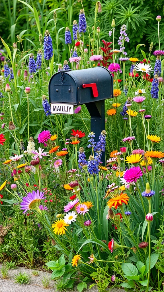 A colorful wildflower bed surrounding a black mailbox with a red flag.