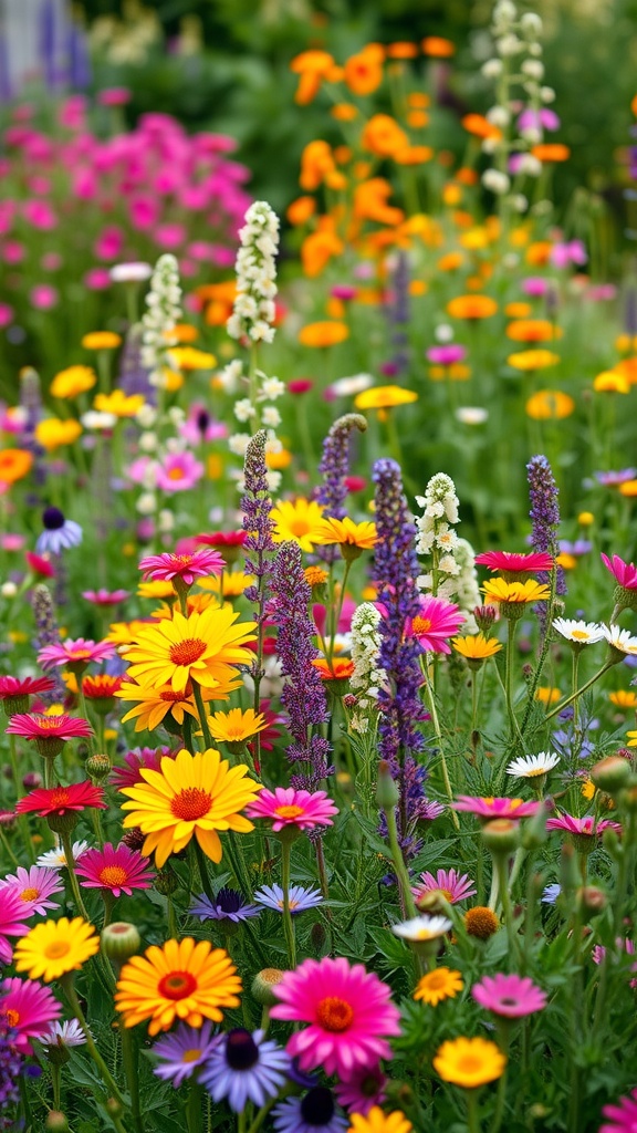 A vibrant patch of wildflowers in various colors including yellow, pink, and purple, creating a natural garden look.