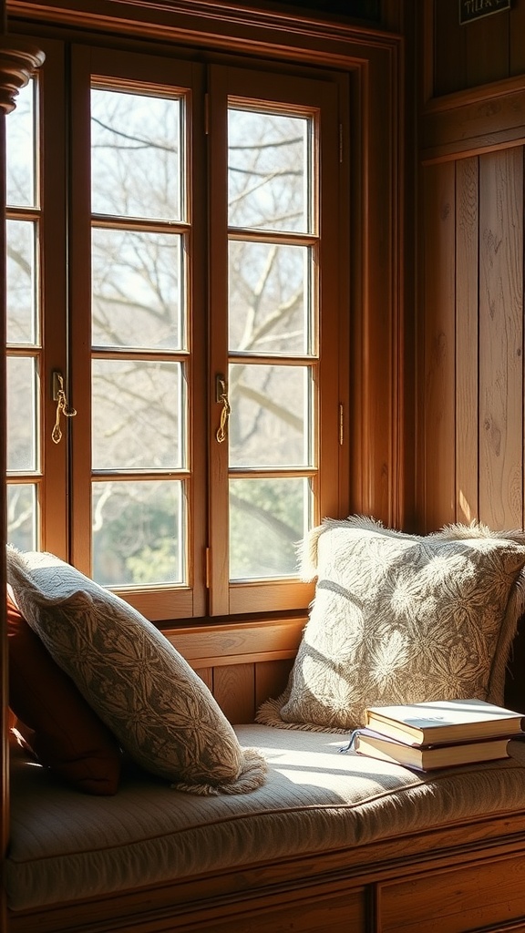 A cozy window seat with pillows and books, filled with warm light.