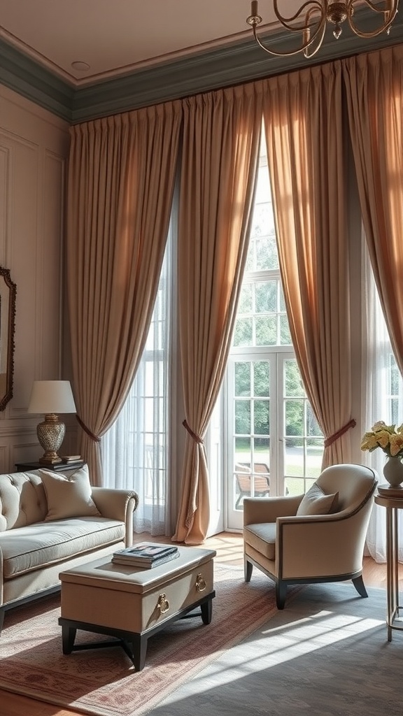 Elegant formal living room with floor-to-ceiling drapes and stylish furniture