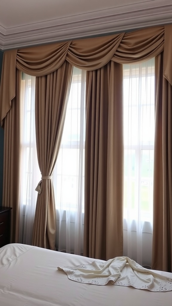 Cozy bedroom with elegant window treatments featuring sheer and heavier drapes