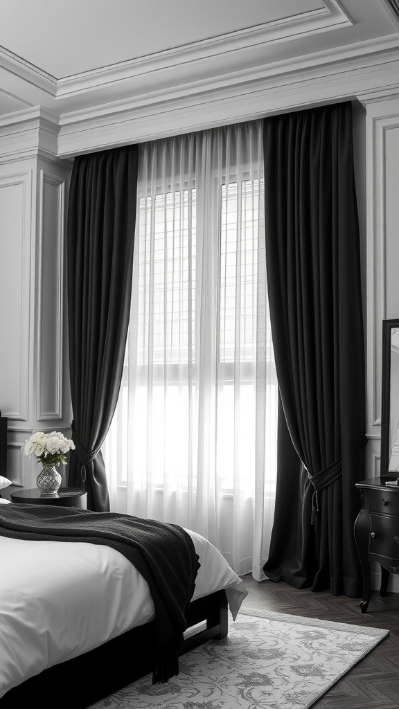 Black and white bedroom featuring elegant window treatments with sheer and dark curtains