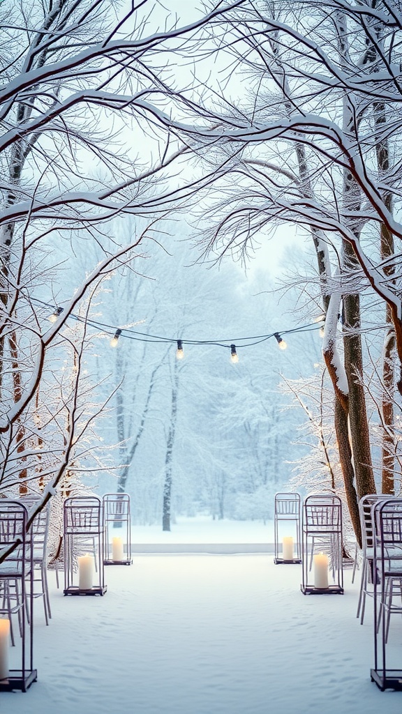 A snowy path lined with chairs and glowing candles, framed by snow-covered trees and string lights, creating a winter wedding backdrop.