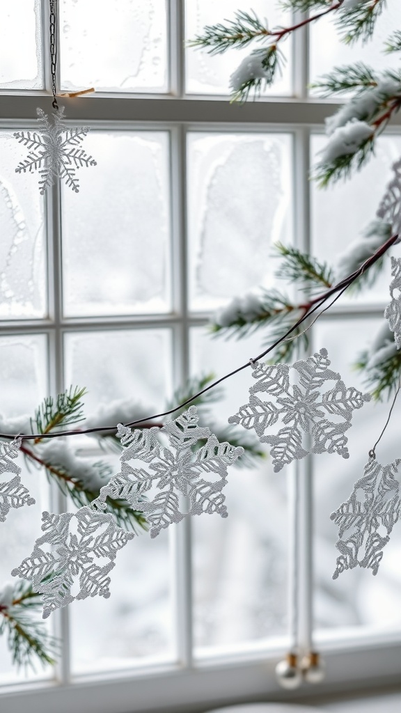 Crocheted snowflakes hanging in front of a snowy window