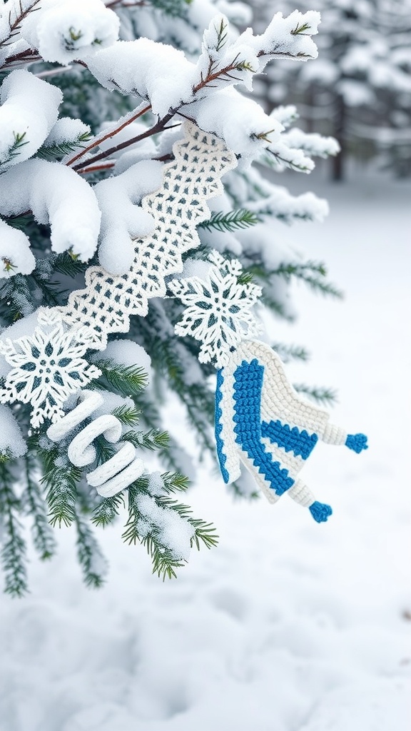 Crochet winter themed garland with snowflakes and mittens hanging on a snowy branch