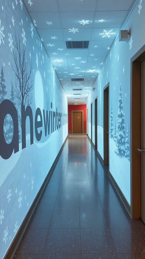 Hallway with winter-themed wall projections, featuring snowflakes and snowy trees.