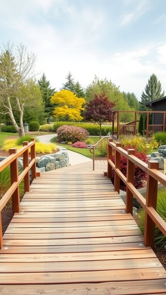 A wooden walkway leading through a colorful garden with various plants and trees.