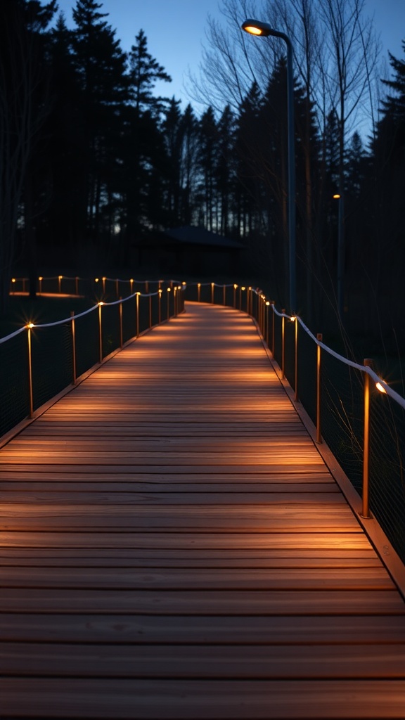 A wooden walkway at dusk, featuring integrated lighting along the railing.