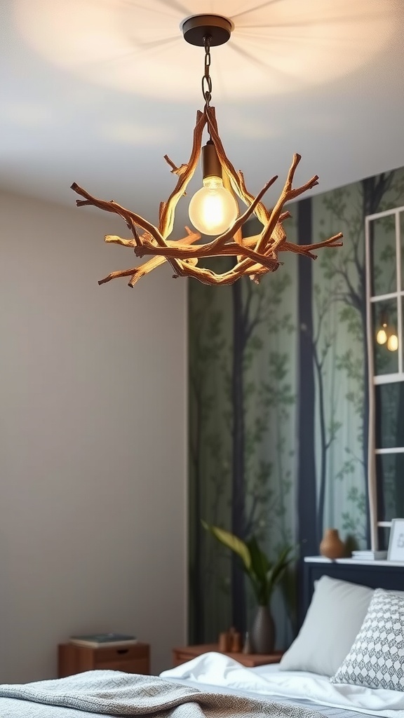 A branch-inspired chandelier hanging in a forest-themed bedroom