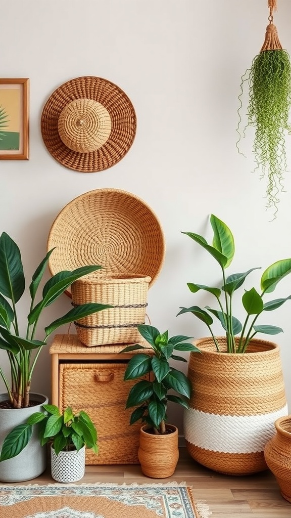 A cozy interior featuring various woven baskets for storage, surrounded by plants and decorative items.