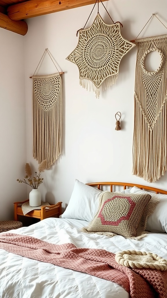 Boho witchy bedroom with woven wall hangings and macramé art