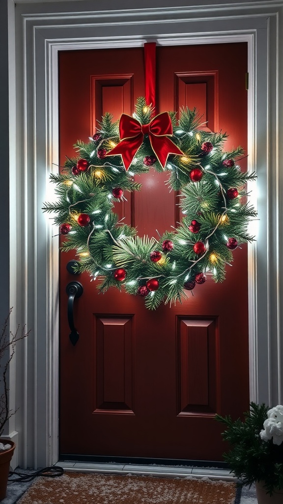 A Christmas wreath with red ornaments and a bow, wrapped in warm glowing LED lights, hanging on a red door.