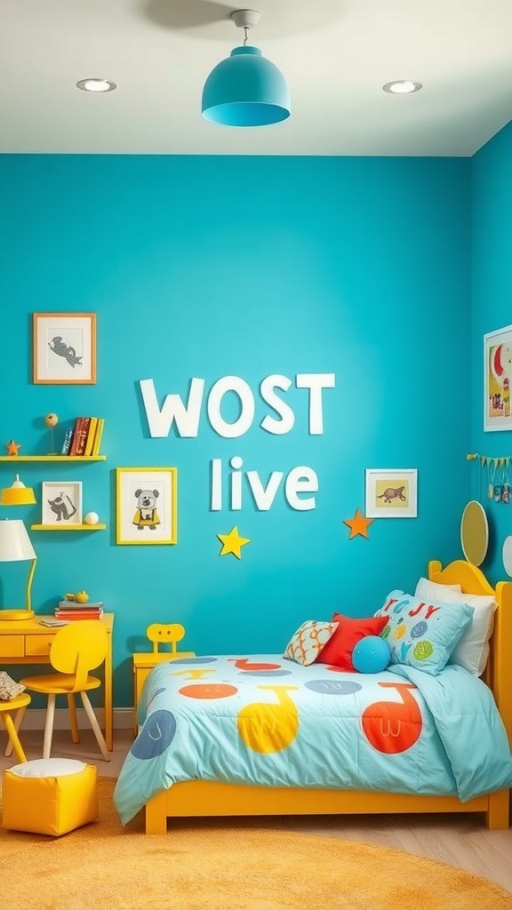 A colorful kids' bedroom with blue walls, yellow furniture, and playful decor.