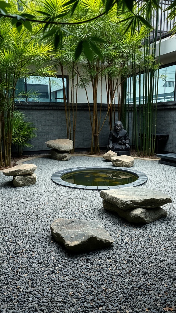 Zen garden with bamboo, stones, and a pond