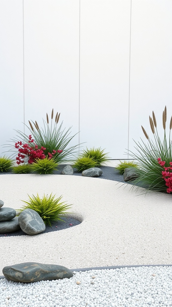 A Zen garden layout featuring smooth stones, sand patterns, and minimalist floral elements.