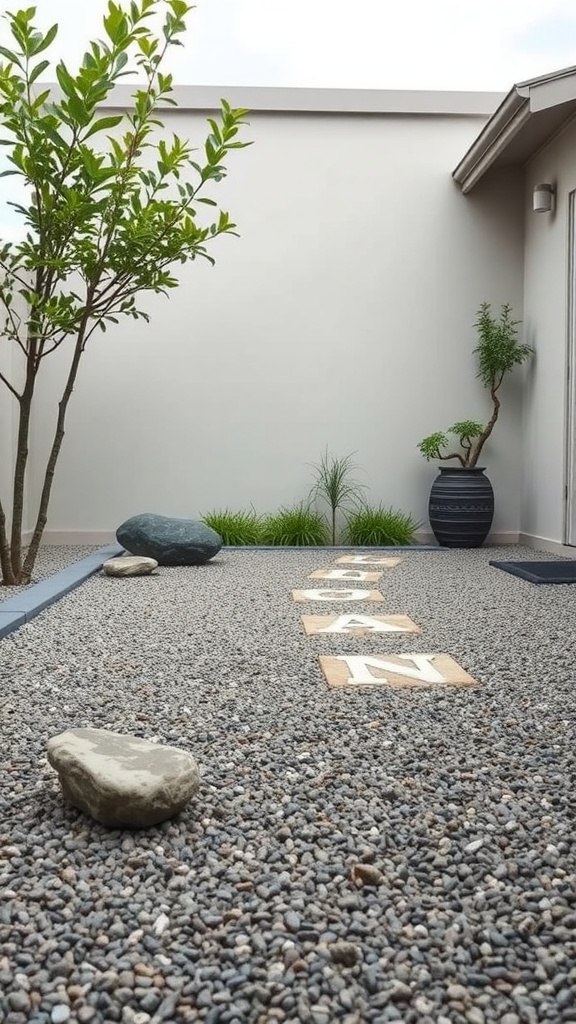 A peaceful gravel garden with stepping stones, rocks, and plants.