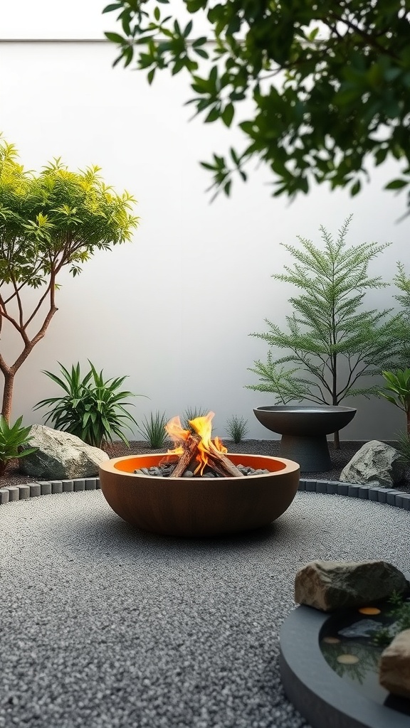 Zen garden featuring a firepit surrounded by greenery and gravel