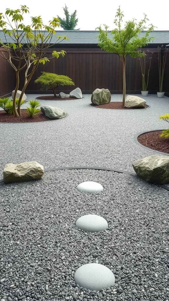 A serene Zen garden featuring raked gravel, smooth stones, and some greenery.